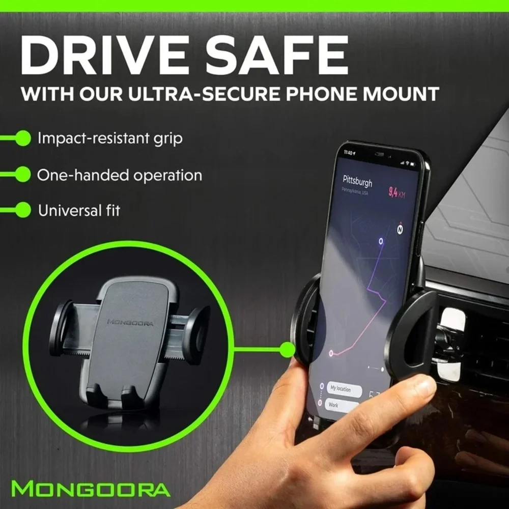 Mongoora Black Car Cell Phone Mount Holder & Car USB Charger